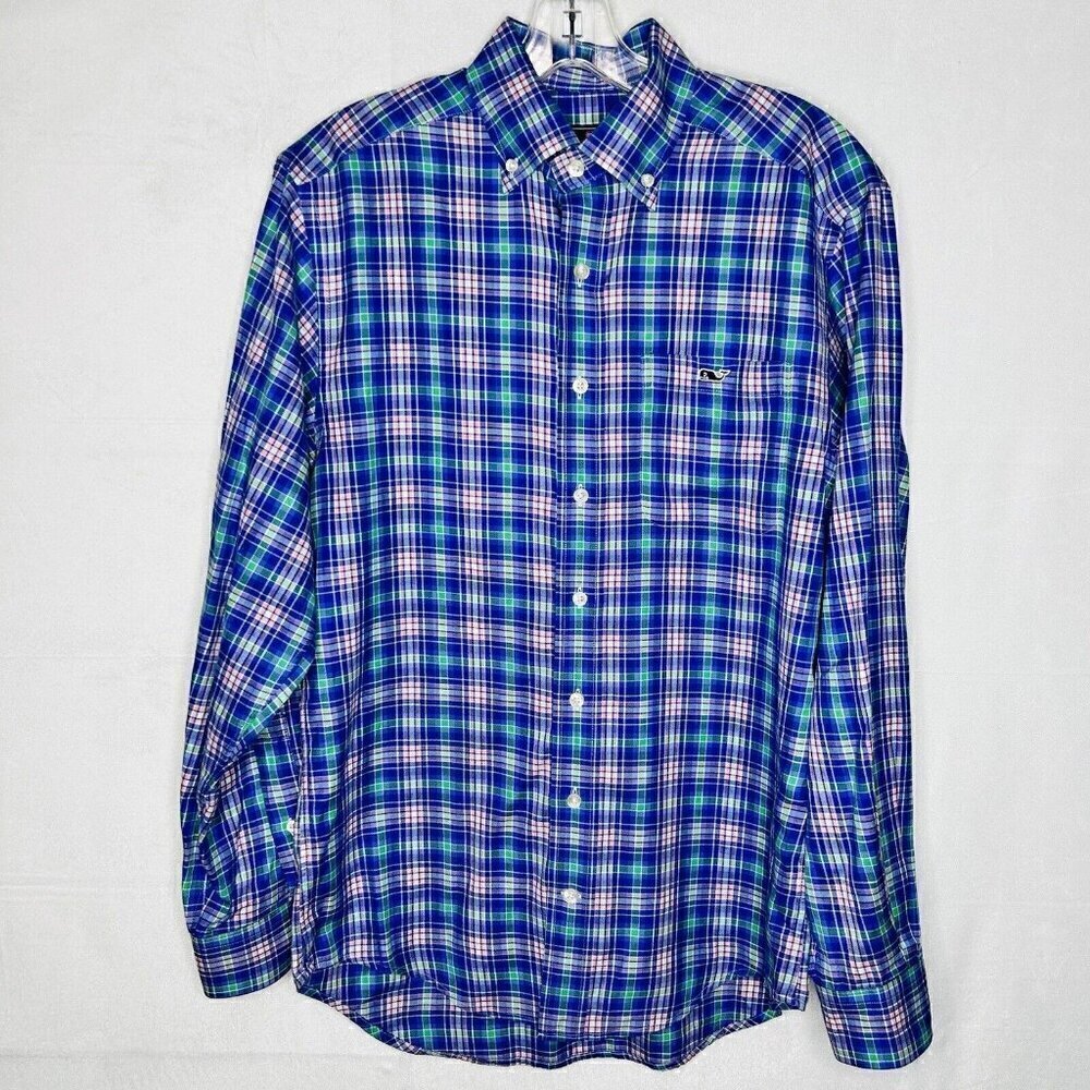 Vineyard Vines Shirt Men's XS Blue Green Pink Plaid Tucker Preppy Whale